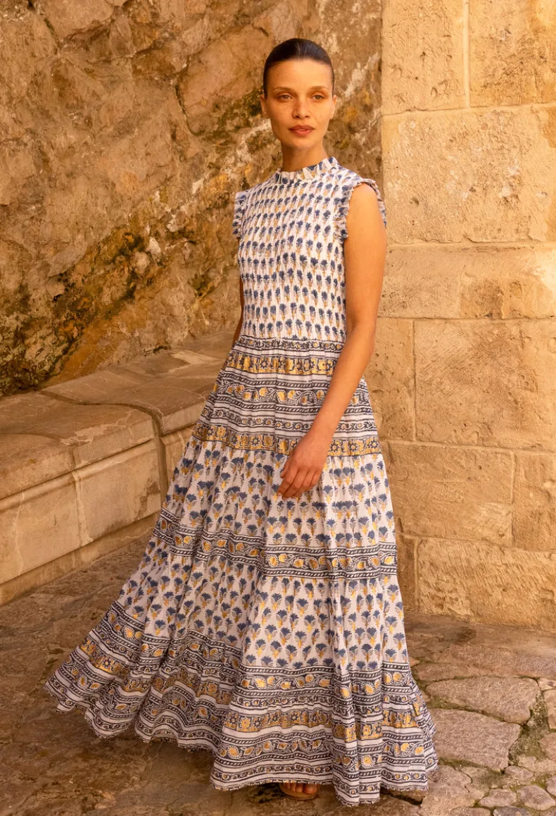 Sleeveless Smocked Maxi- Lotus Navy