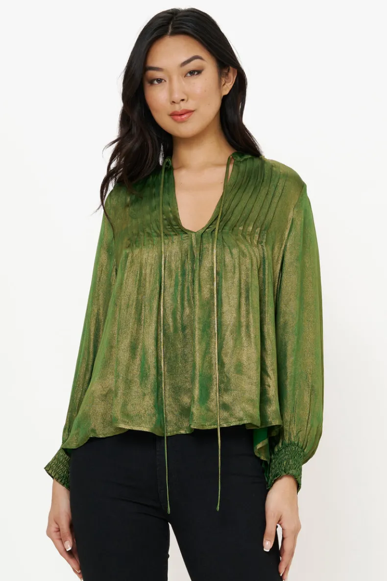 V-Neck Pintuck Blouse- Cairo Green