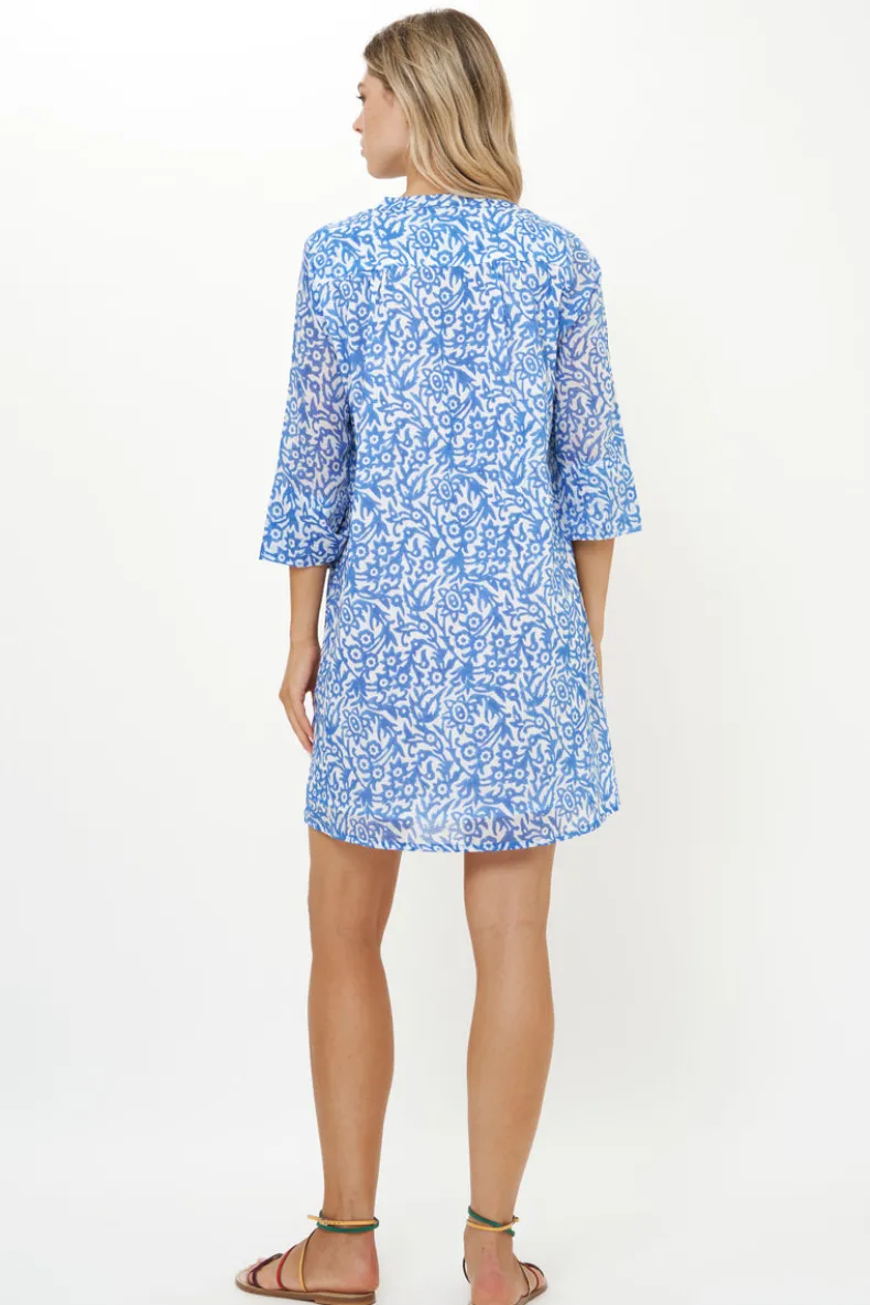 3/4 Sleeve Pintuck Short- Cypress Blue