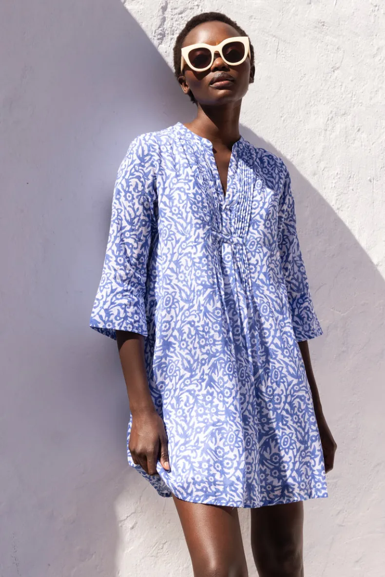 3/4 Sleeve Pintuck Short- Cypress Blue