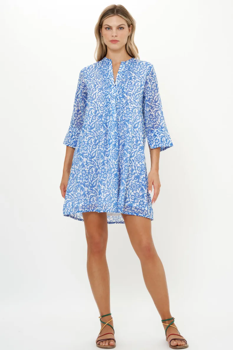 3/4 Sleeve Pintuck Short- Cypress Blue