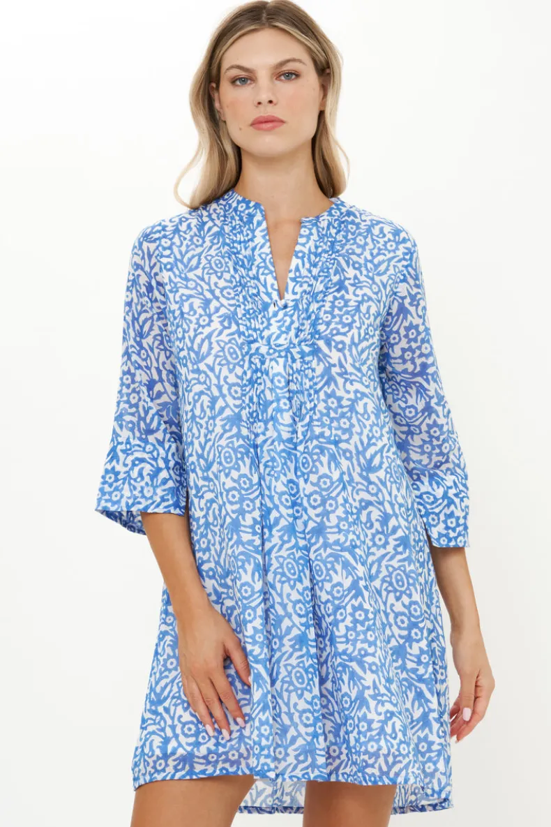 3/4 Sleeve Pintuck Short- Cypress Blue