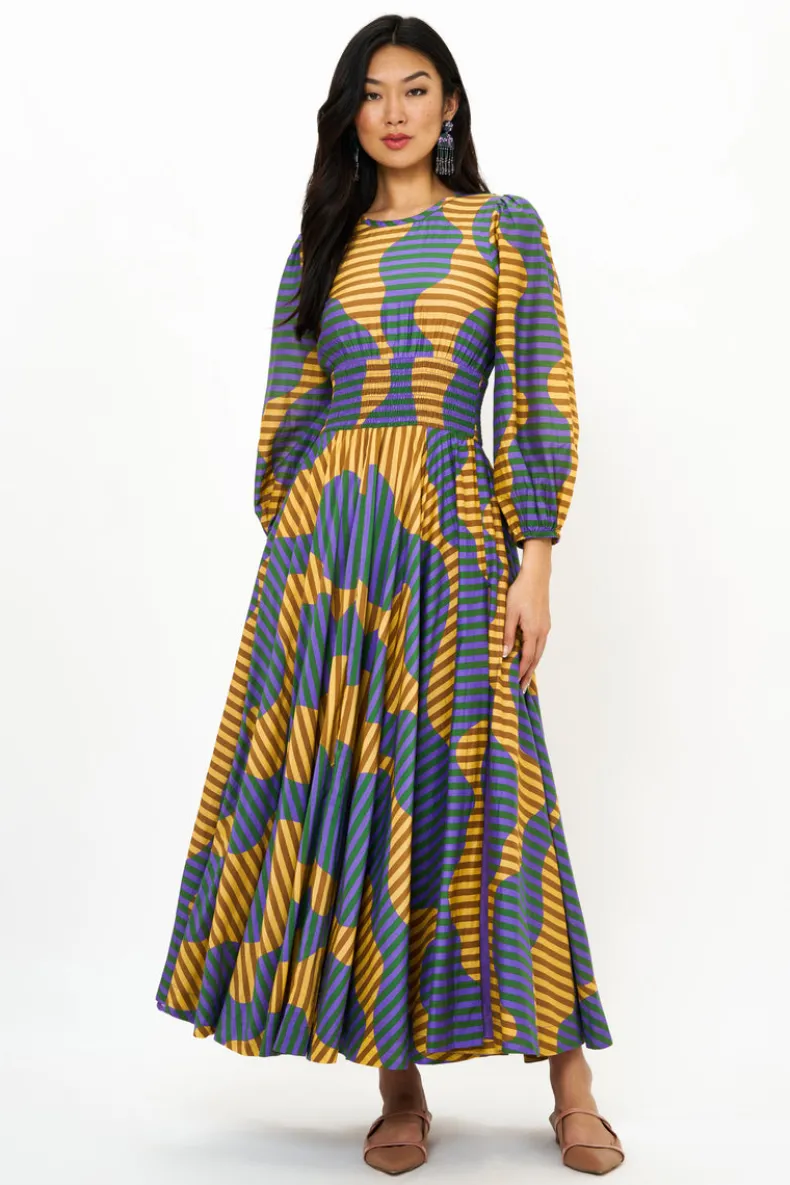 Crewneck Smocked Waist Maxi- Haring Saffron