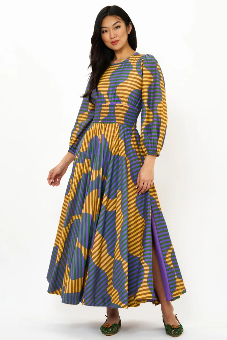 Crewneck Smocked Waist Maxi- Haring Saffron