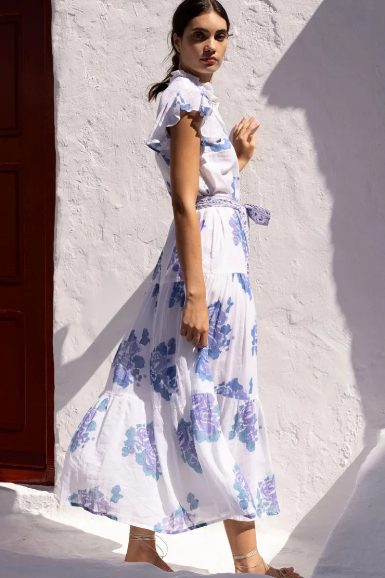 Ruffle Collar Button Maxi- Portofino Blue