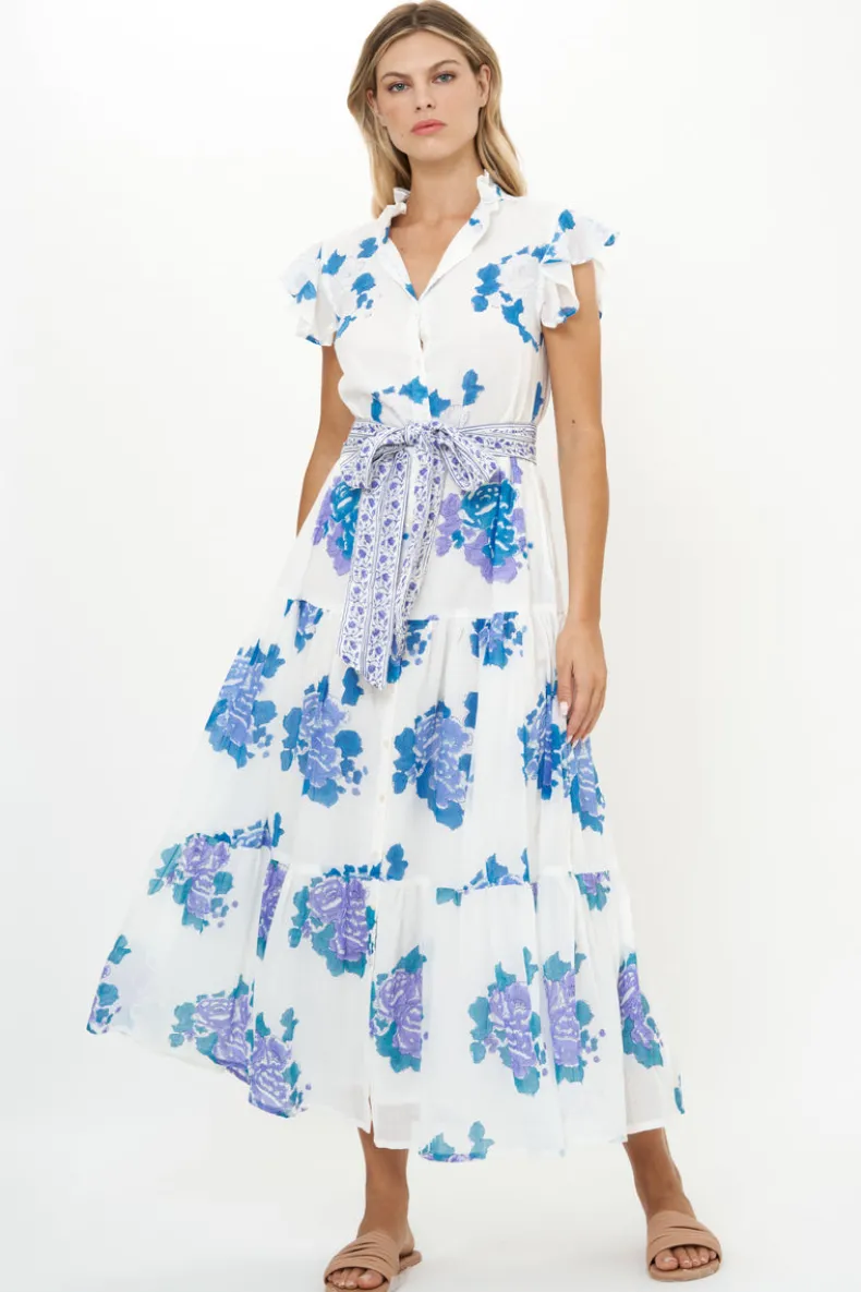 Ruffle Collar Button Maxi- Portofino Blue