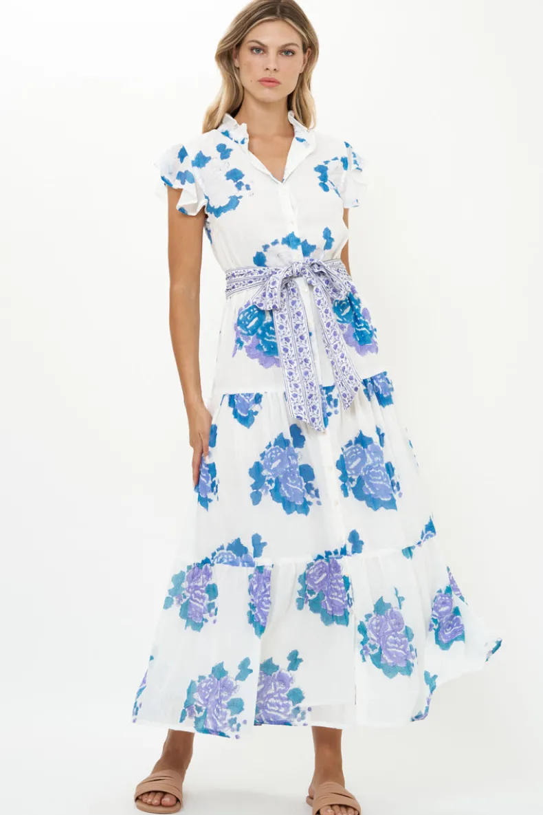 Ruffle Collar Button Maxi- Portofino Blue