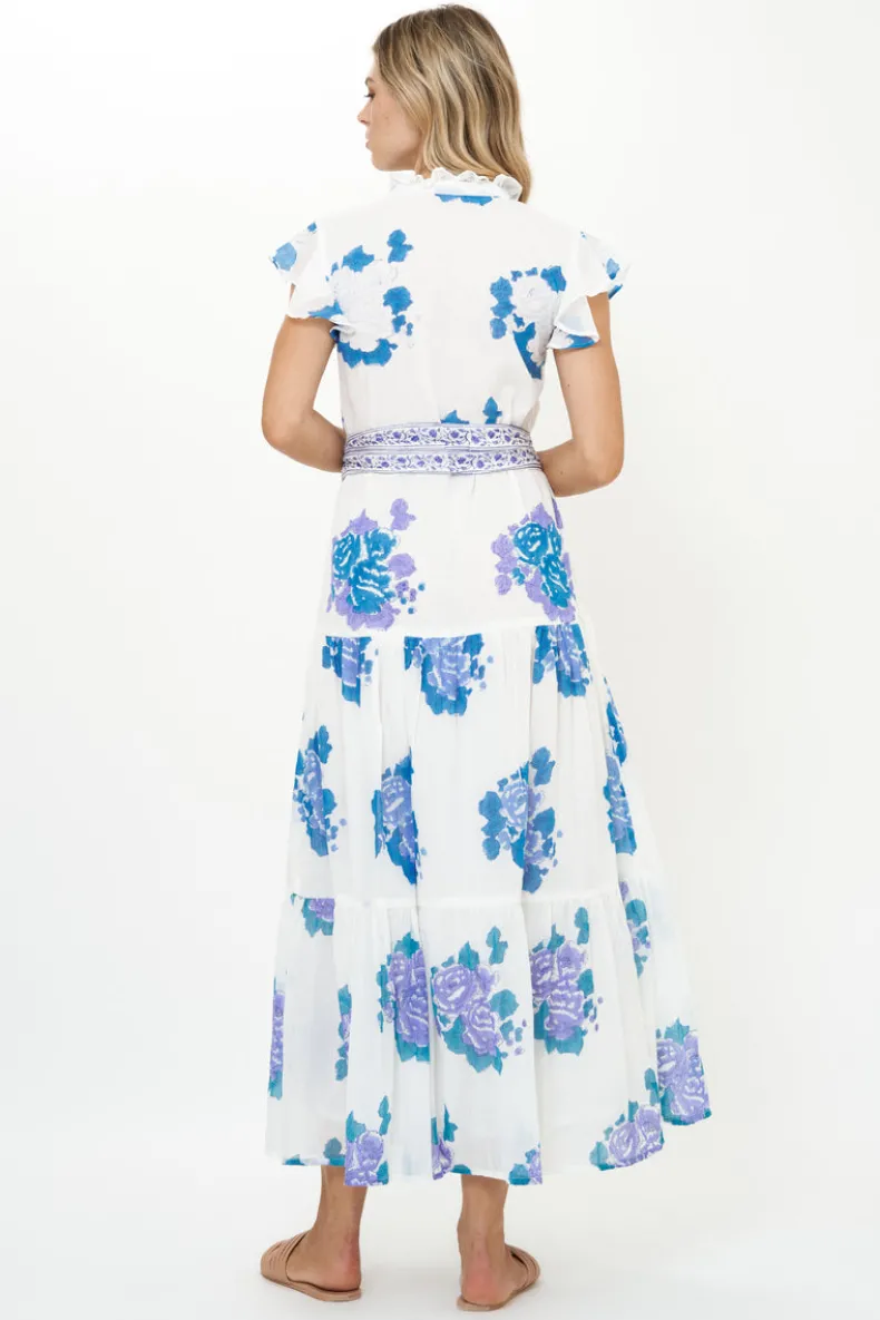 Ruffle Collar Button Maxi- Portofino Blue