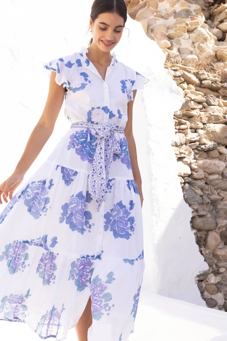 Ruffle Collar Button Maxi- Portofino Blue