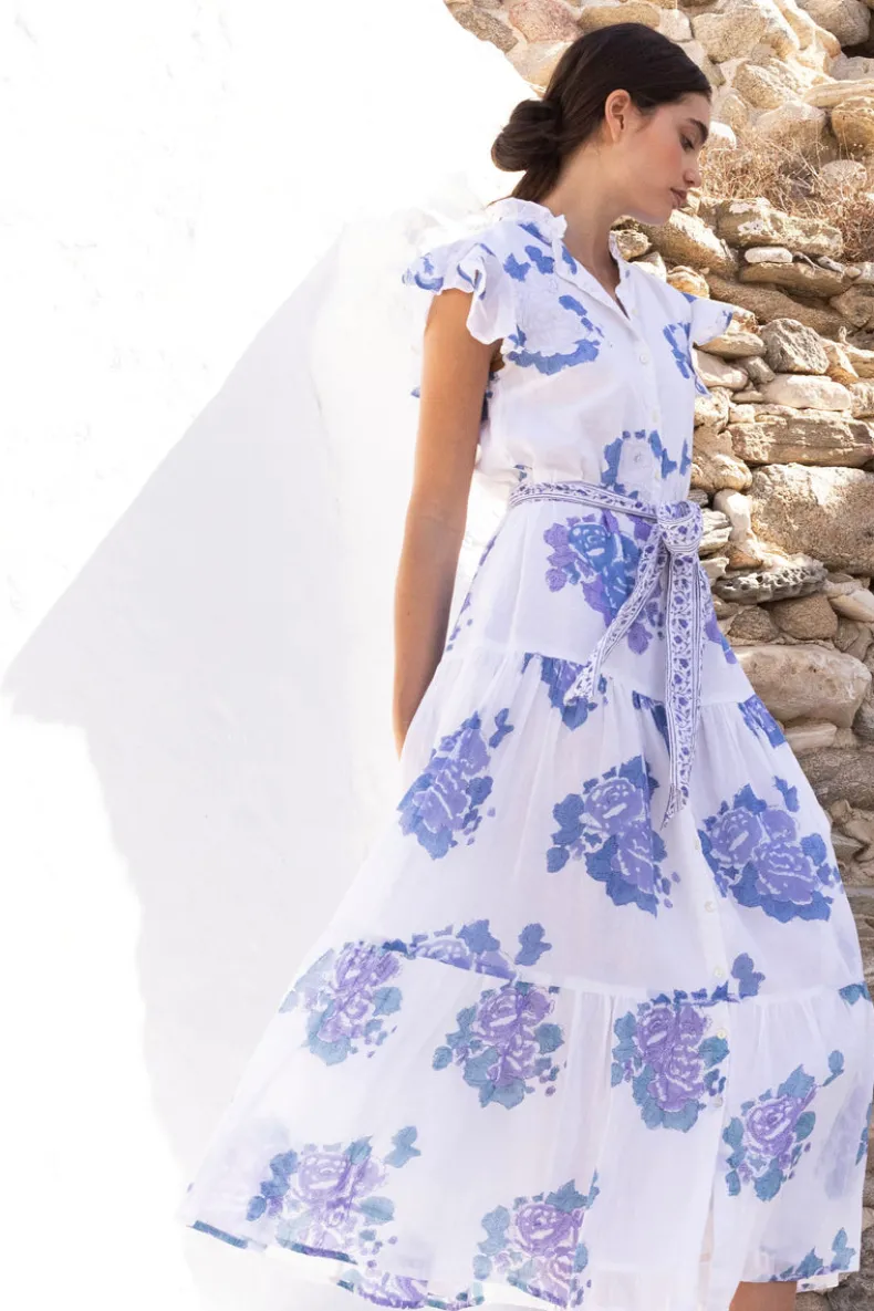 Ruffle Collar Button Maxi- Portofino Blue