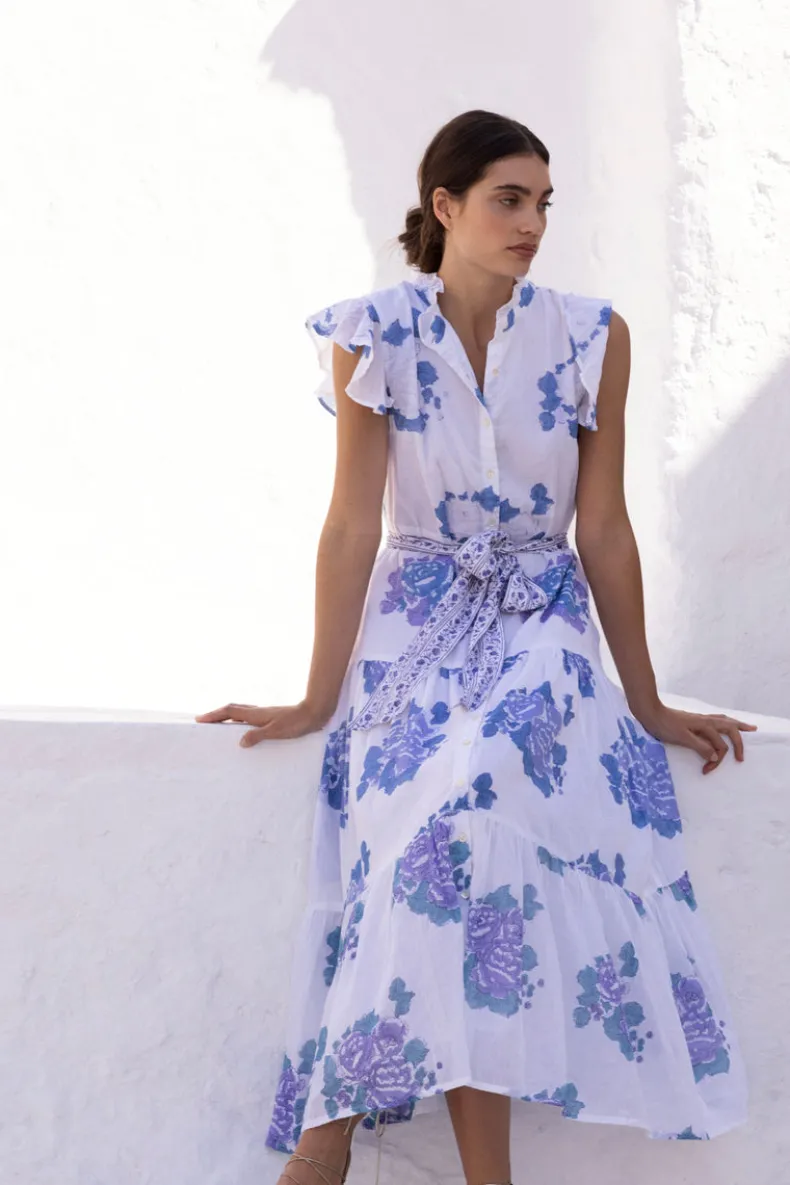 Ruffle Collar Button Maxi- Portofino Blue