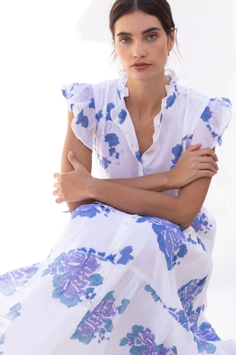 Ruffle Collar Button Maxi- Portofino Blue