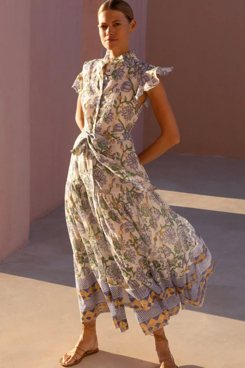 Ruffle Collar Button Maxi- Presidio Blue