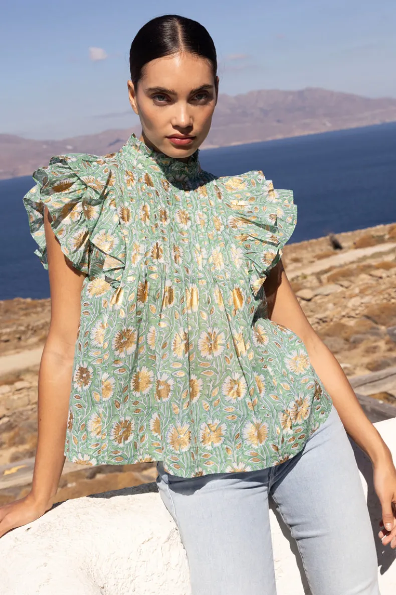 Pintuck Ruffle Top- Mughal Green