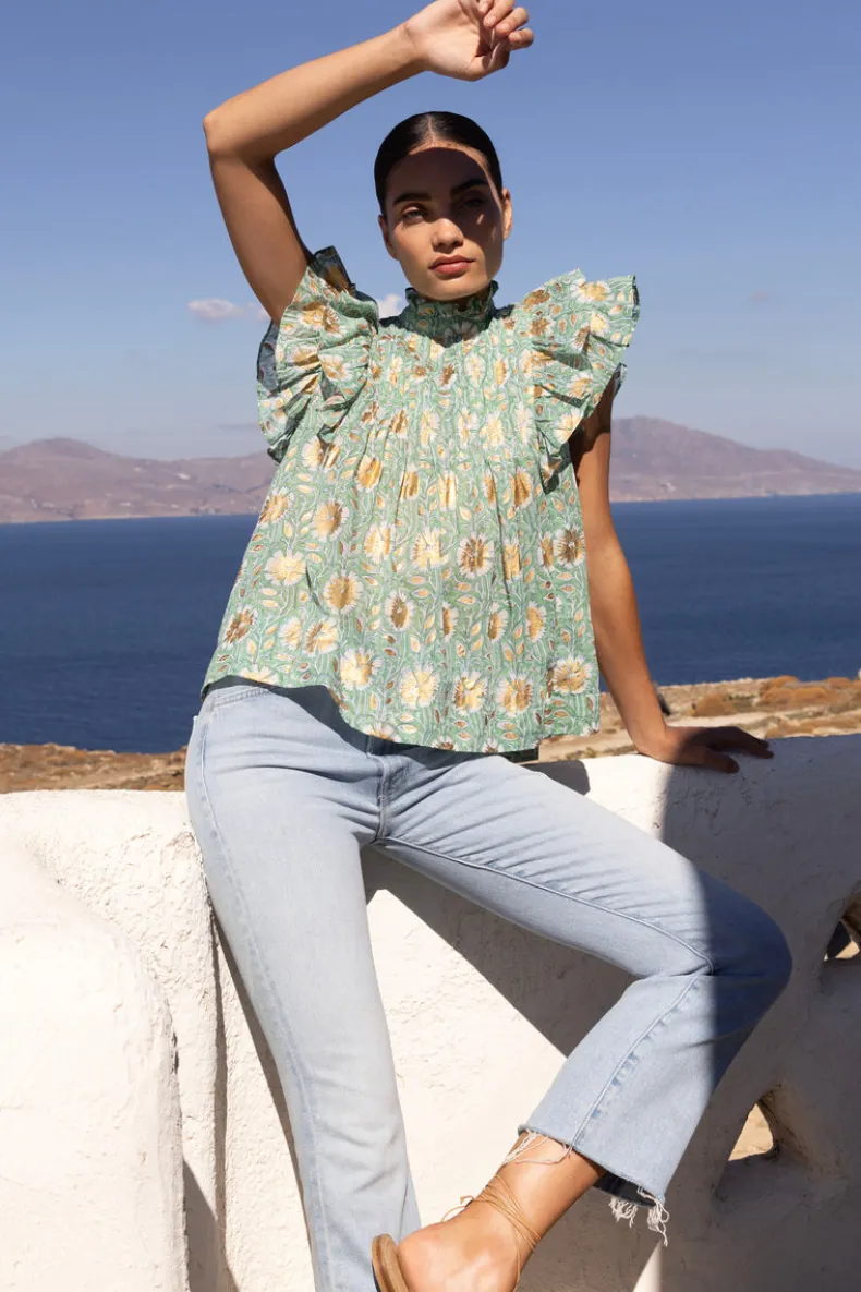 Pintuck Ruffle Top- Mughal Green