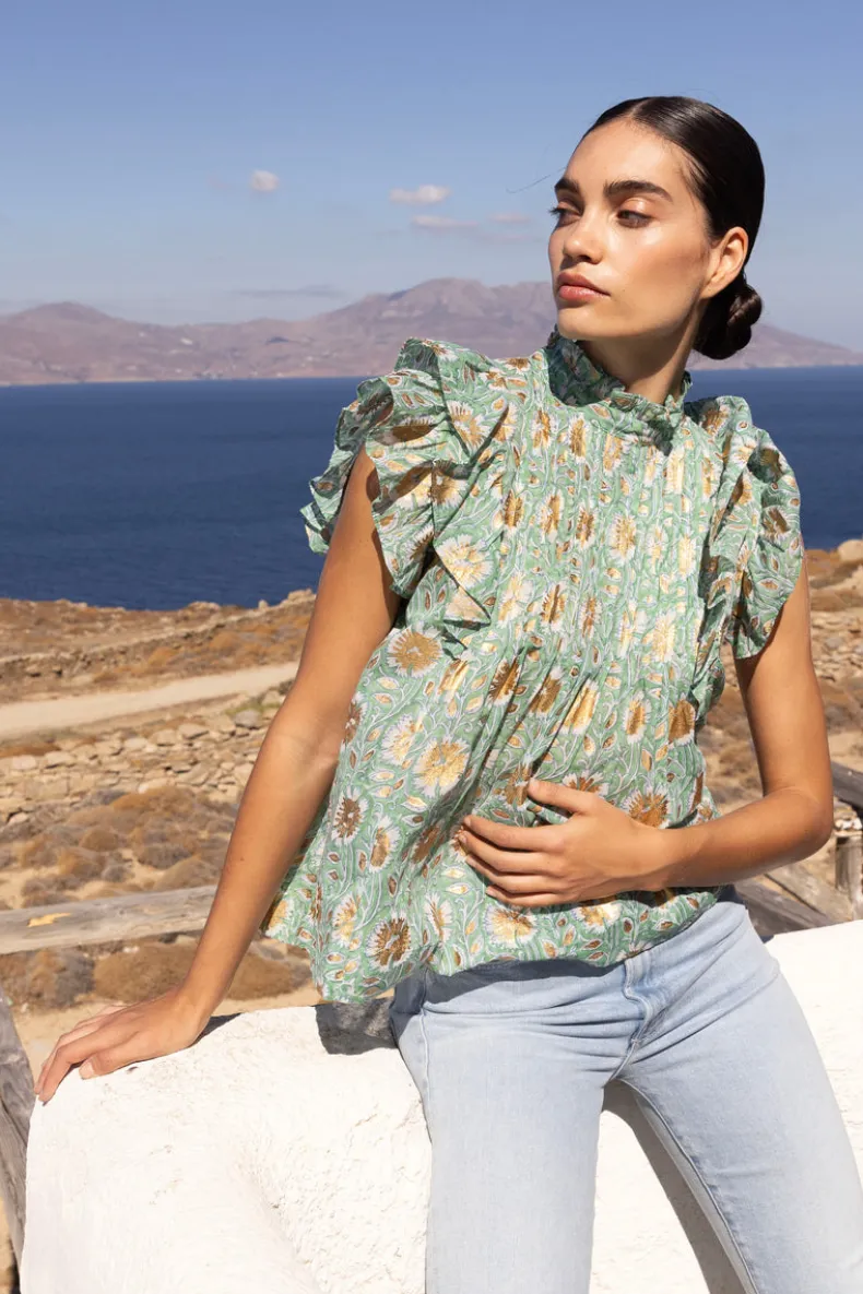 Pintuck Ruffle Top- Mughal Green