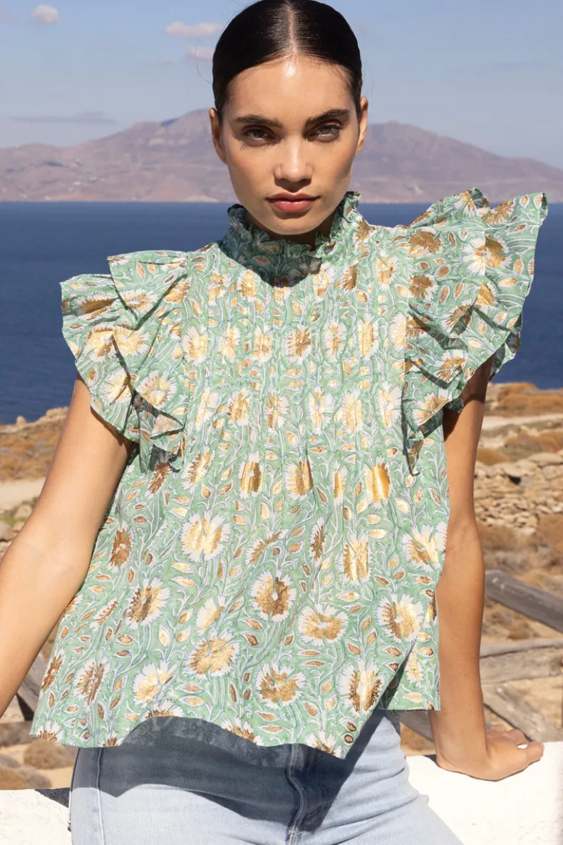 Pintuck Ruffle Top- Mughal Green