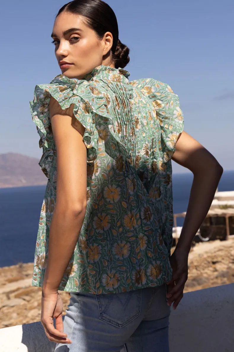 Pintuck Ruffle Top- Mughal Green