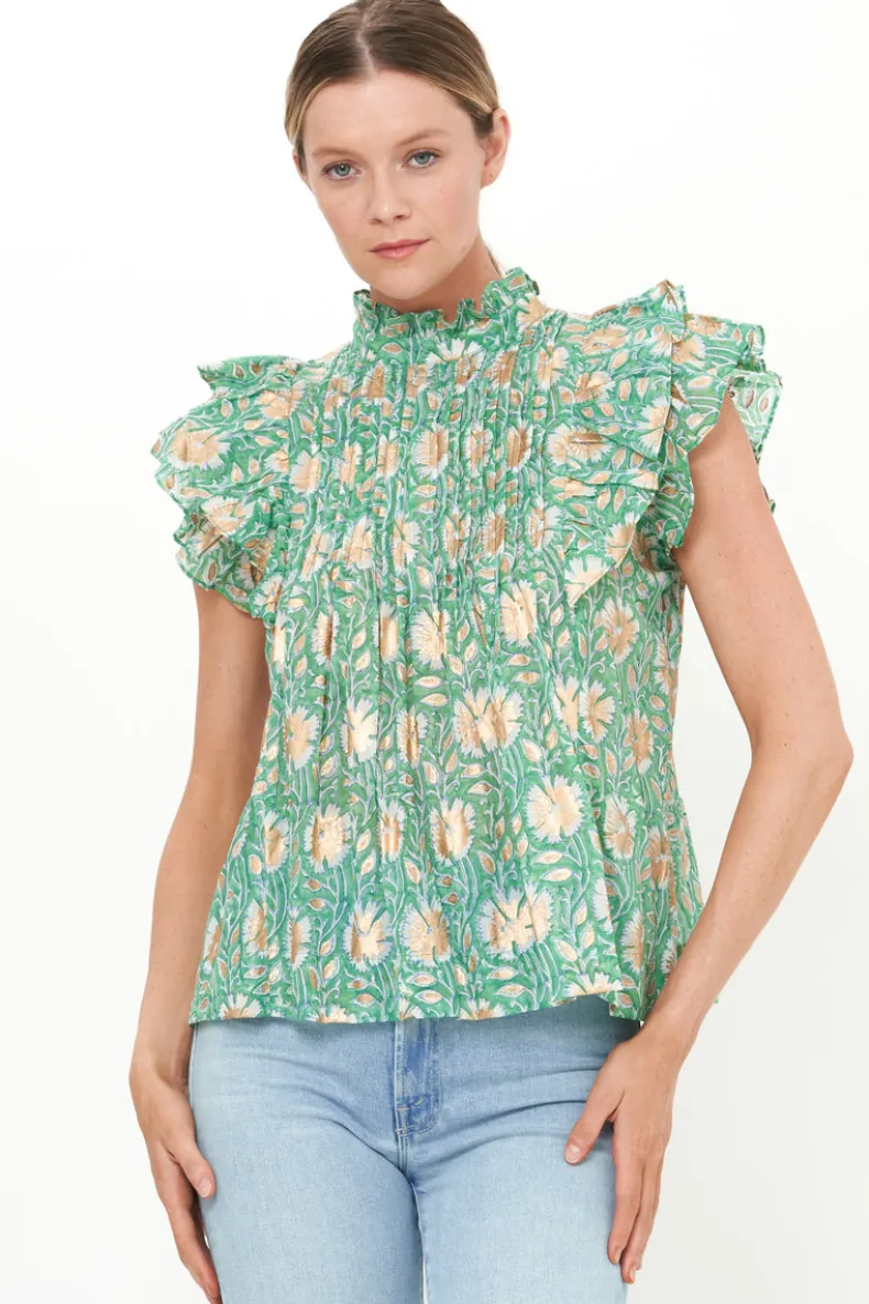 Pintuck Ruffle Top- Mughal Green
