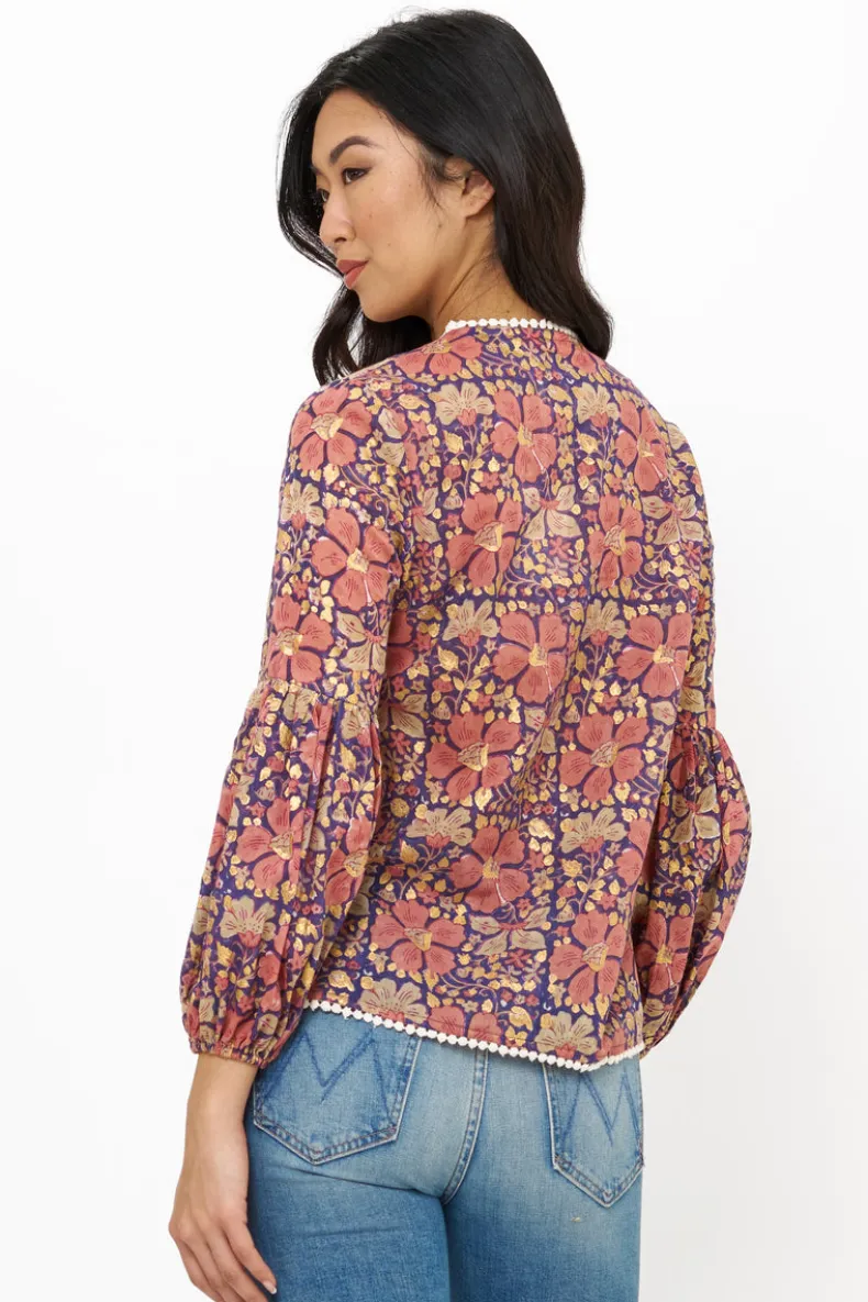 Balloon Sleeve Tie Top- Matera Navy