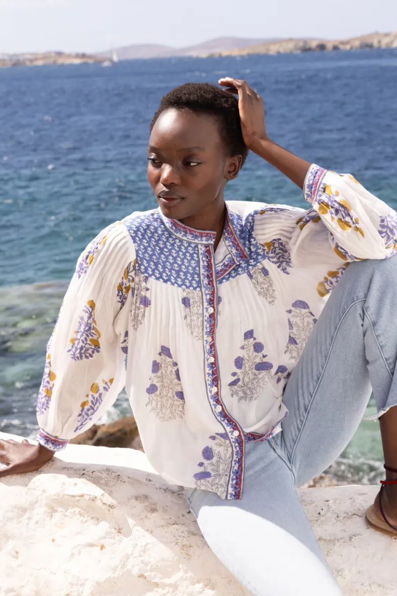 Mandarin Pintuck Blouse- Napa Blue