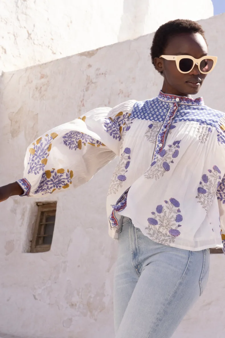 Mandarin Pintuck Blouse- Napa Blue