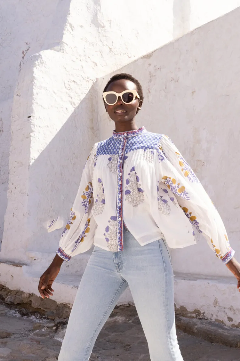 Mandarin Pintuck Blouse- Napa Blue