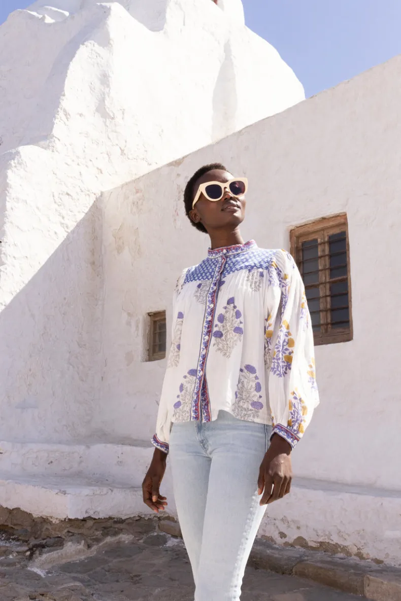 Mandarin Pintuck Blouse- Napa Blue