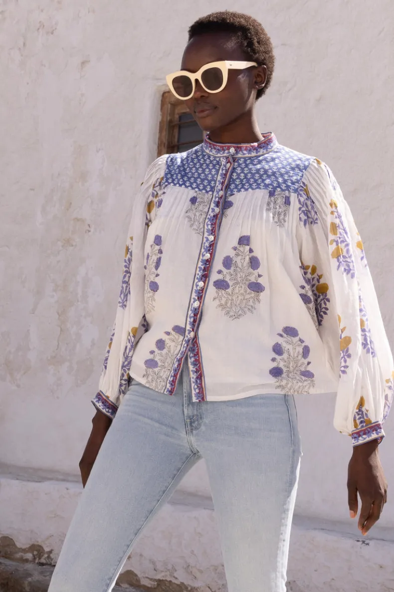 Mandarin Pintuck Blouse- Napa Blue