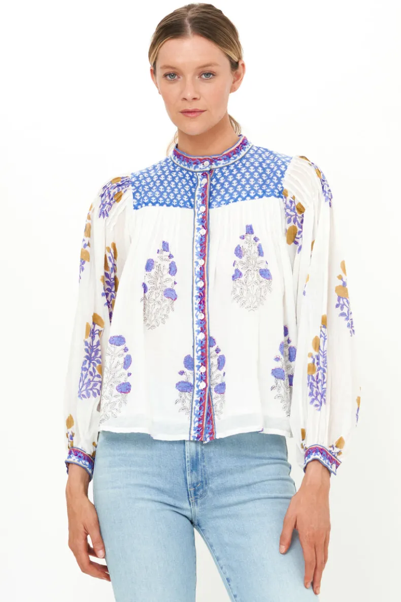 Mandarin Pintuck Blouse- Napa Blue