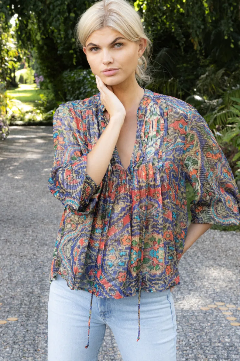 V-Neck Pintuck Blouse- Persia Cobalt