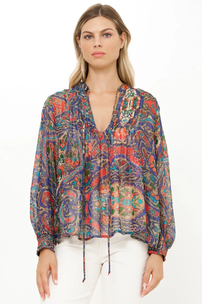 V-Neck Pintuck Blouse- Persia Cobalt