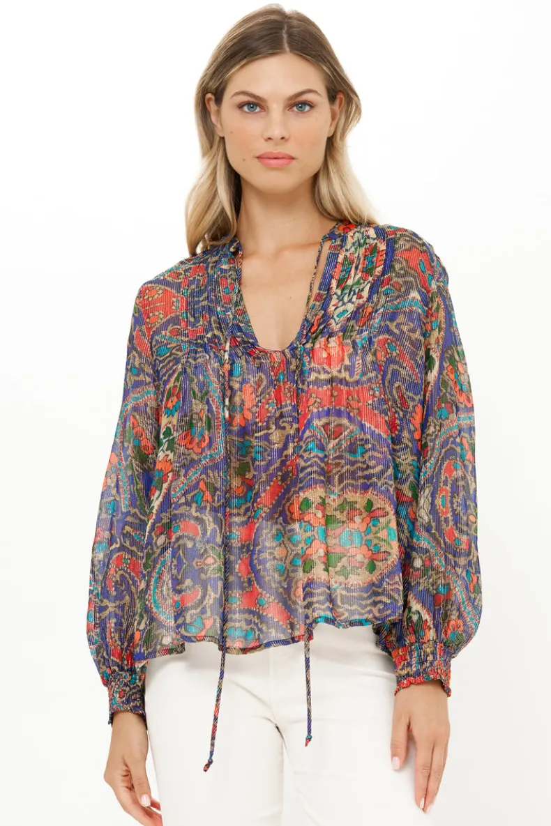 V-Neck Pintuck Blouse- Persia Cobalt
