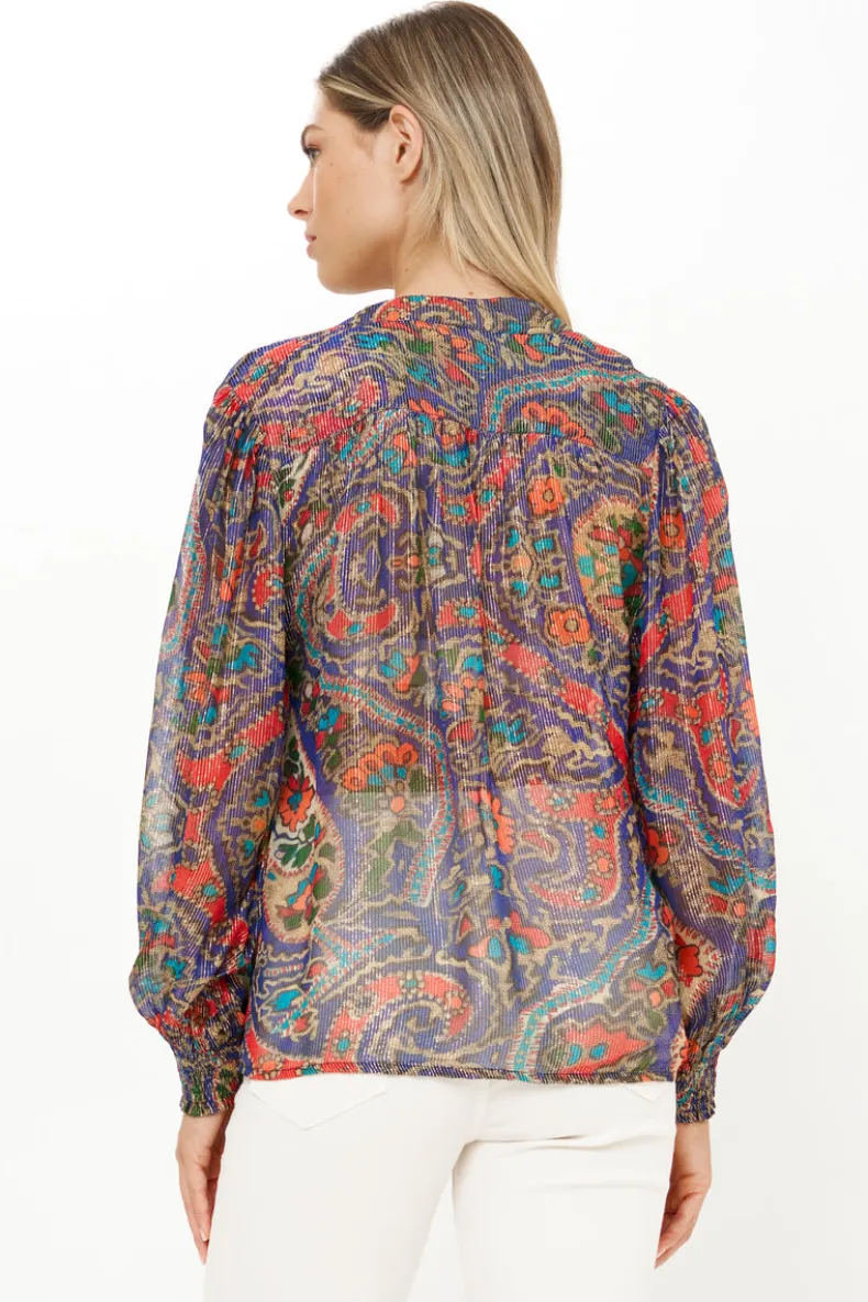 V-Neck Pintuck Blouse- Persia Cobalt