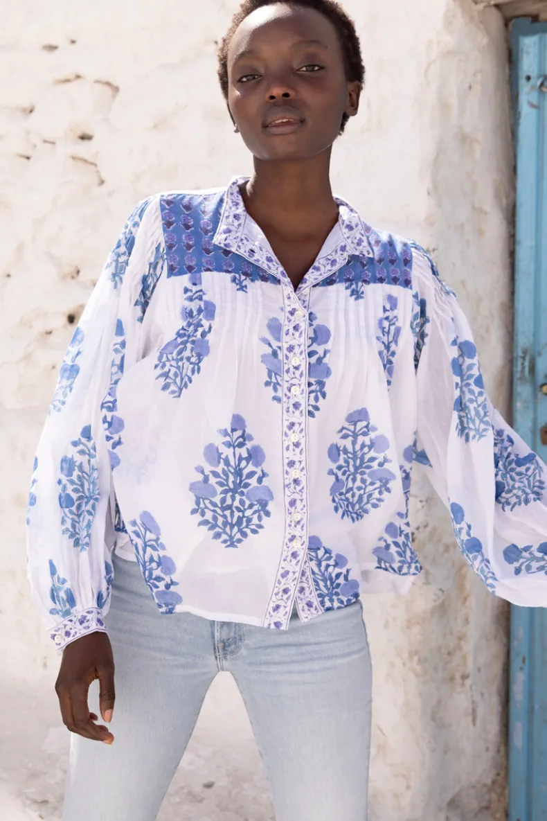 Mandarin Pintuck Blouse- Salvia Blue