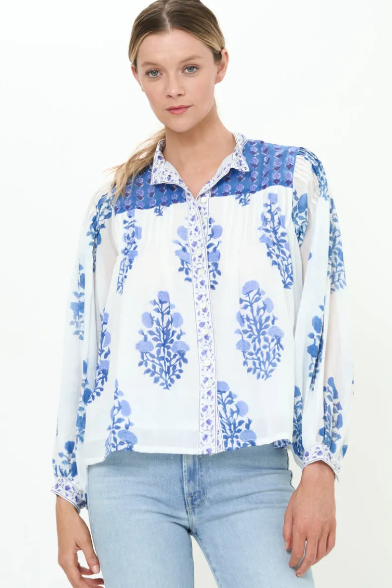 Mandarin Pintuck Blouse- Salvia Blue