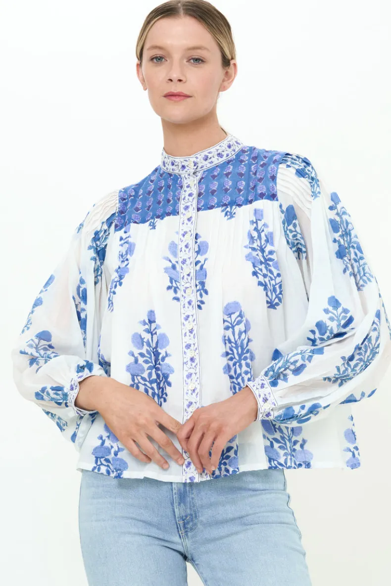 Mandarin Pintuck Blouse- Salvia Blue