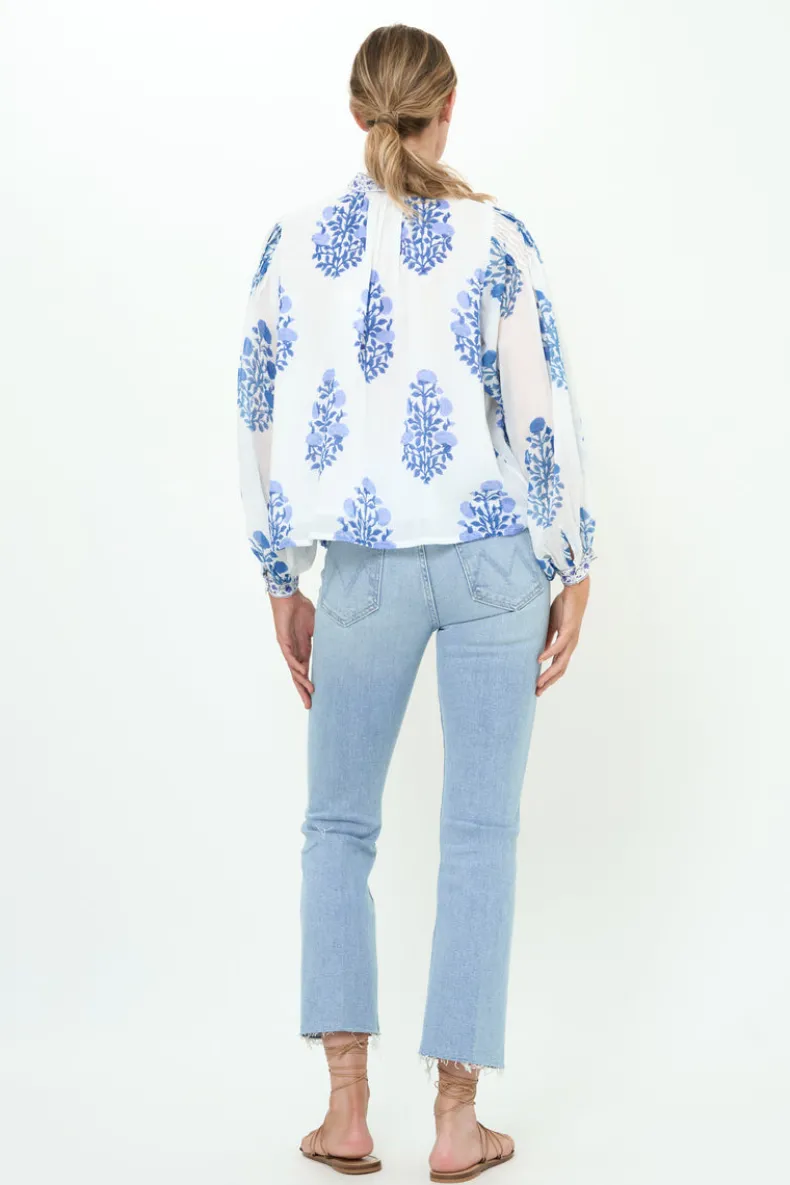 Mandarin Pintuck Blouse- Salvia Blue