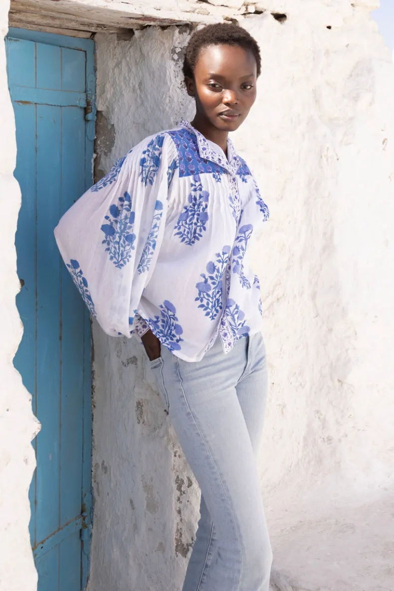 Mandarin Pintuck Blouse- Salvia Blue