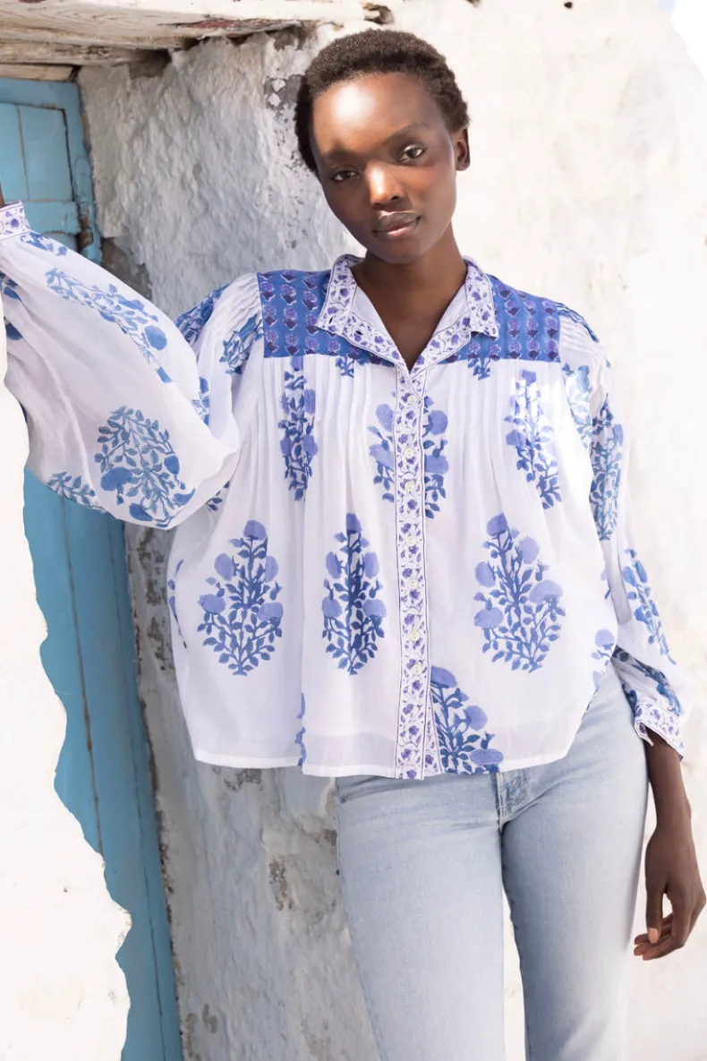 Mandarin Pintuck Blouse- Salvia Blue
