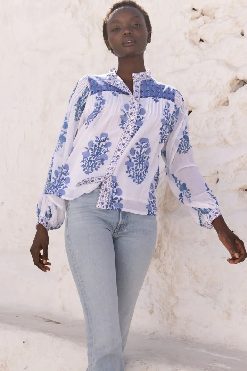 Mandarin Pintuck Blouse- Salvia Blue