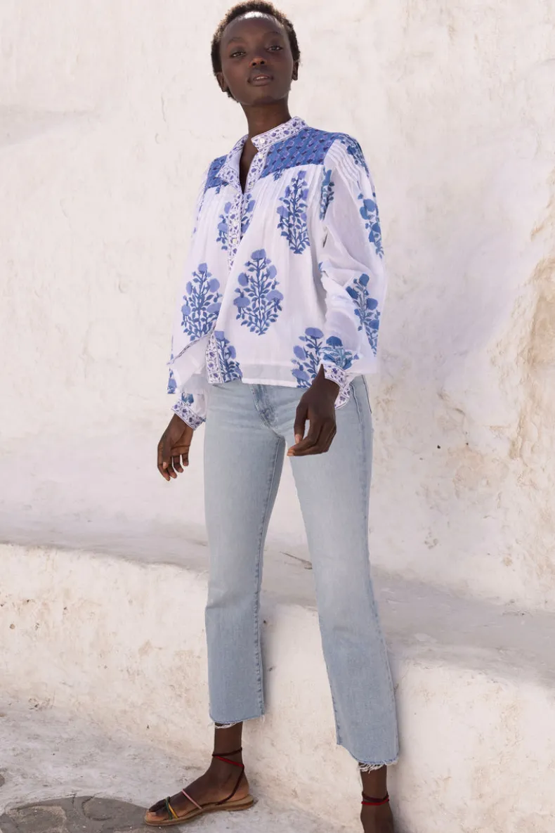 Mandarin Pintuck Blouse- Salvia Blue