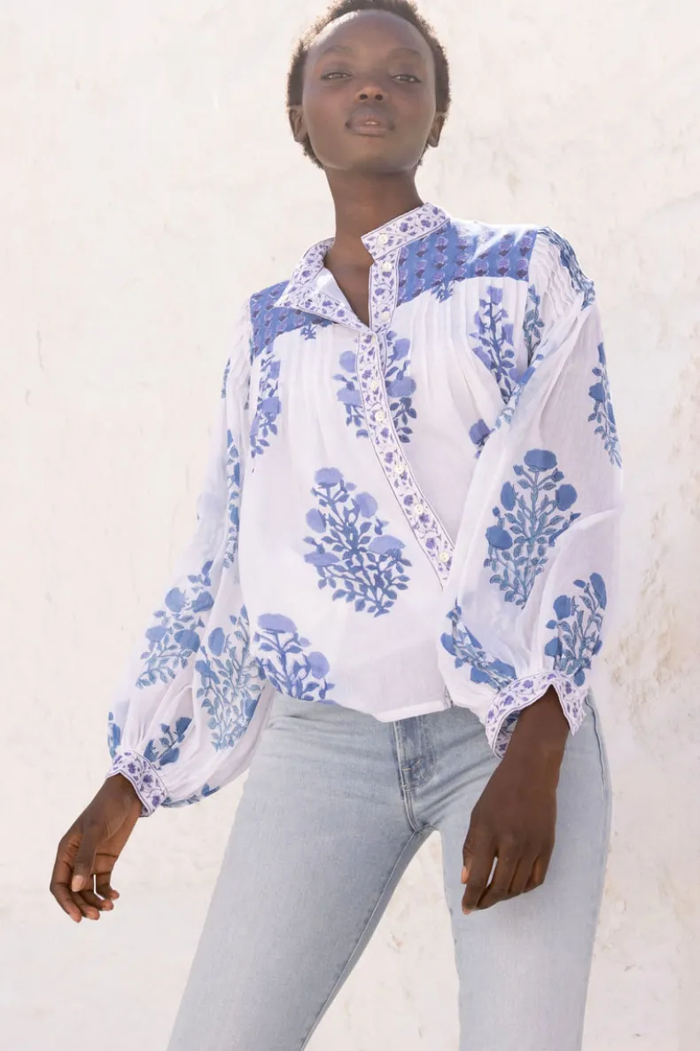 Mandarin Pintuck Blouse- Salvia Blue