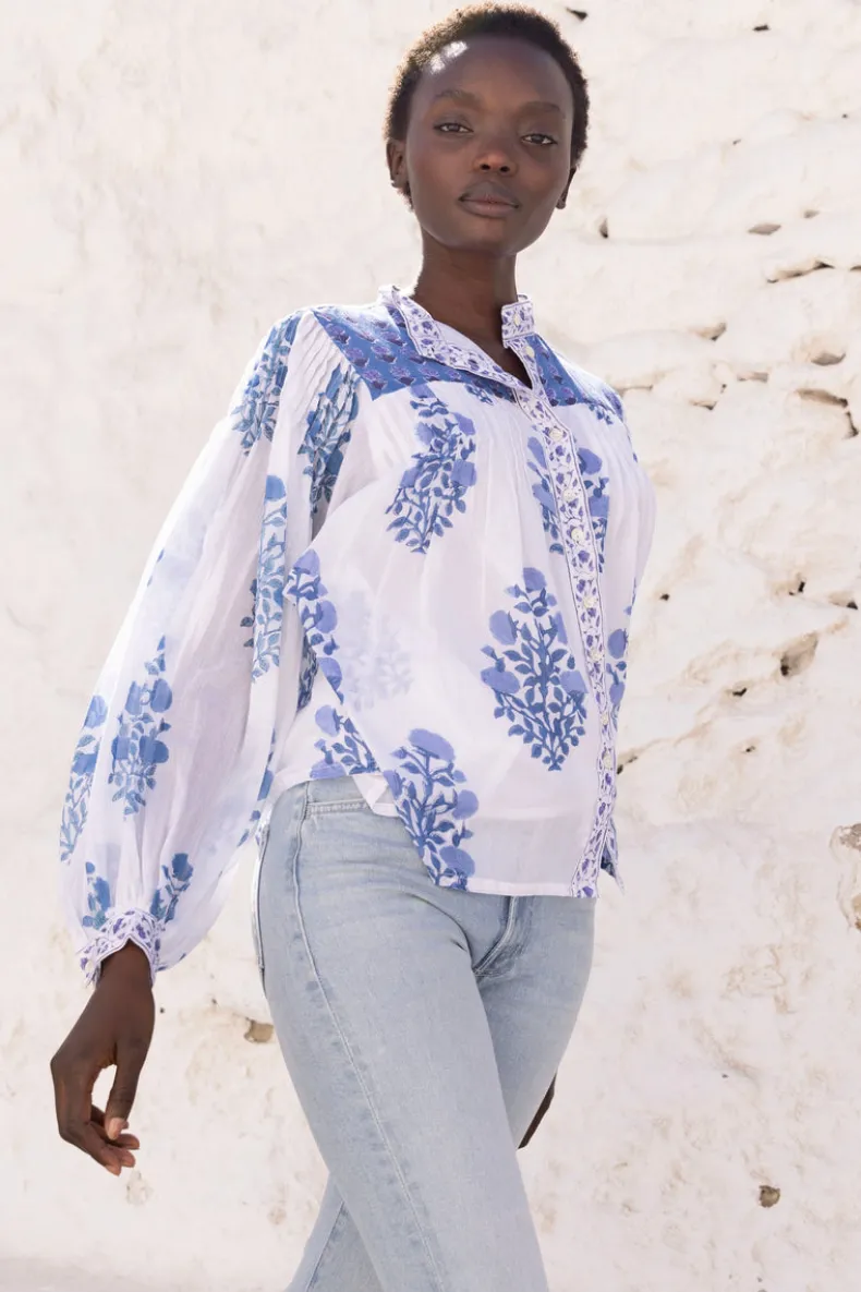 Mandarin Pintuck Blouse- Salvia Blue