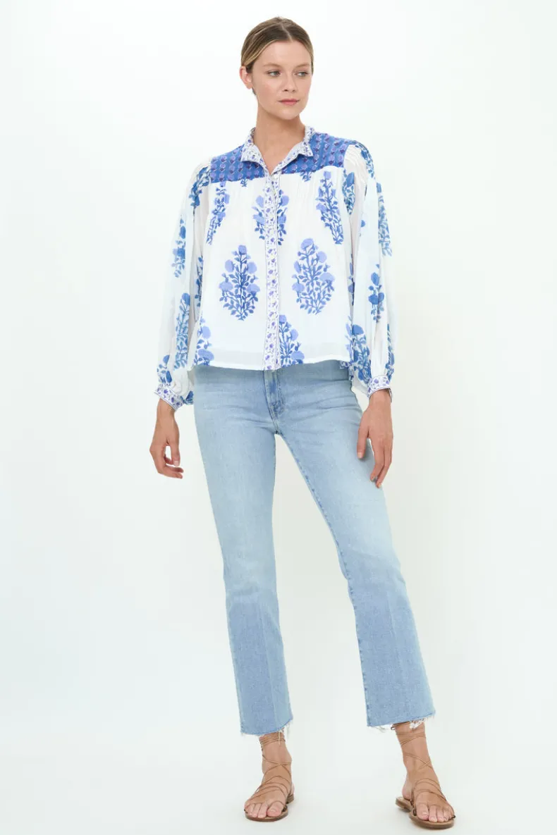 Mandarin Pintuck Blouse- Salvia Blue
