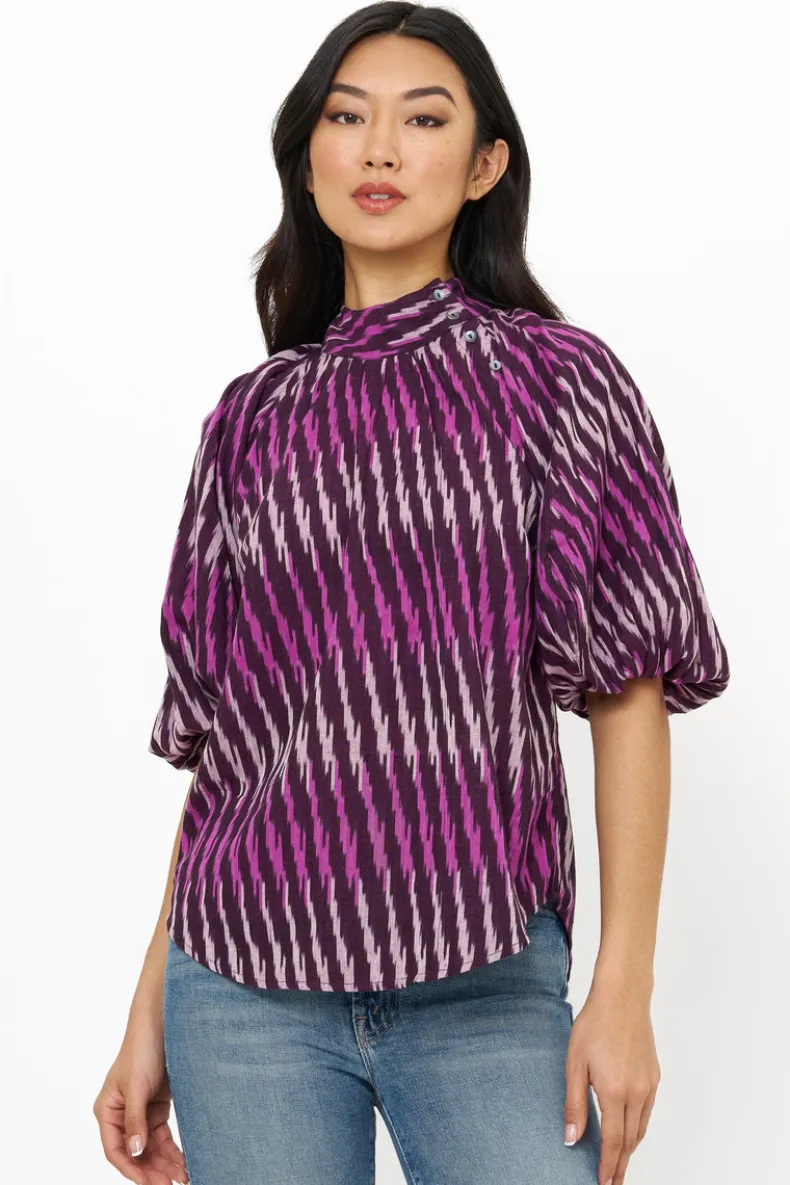 Button Neck Blouse- Ikat Purple