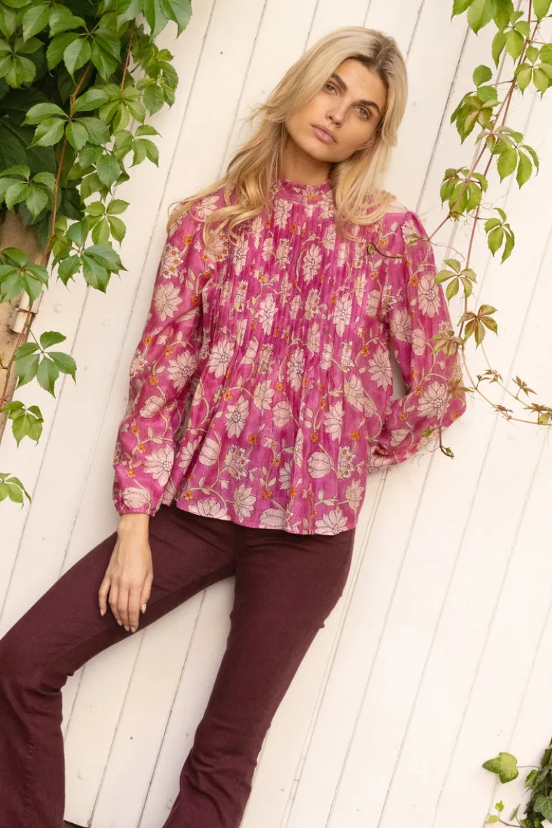 Long Sleeve Pintuck Blouse- Presidio Magenta