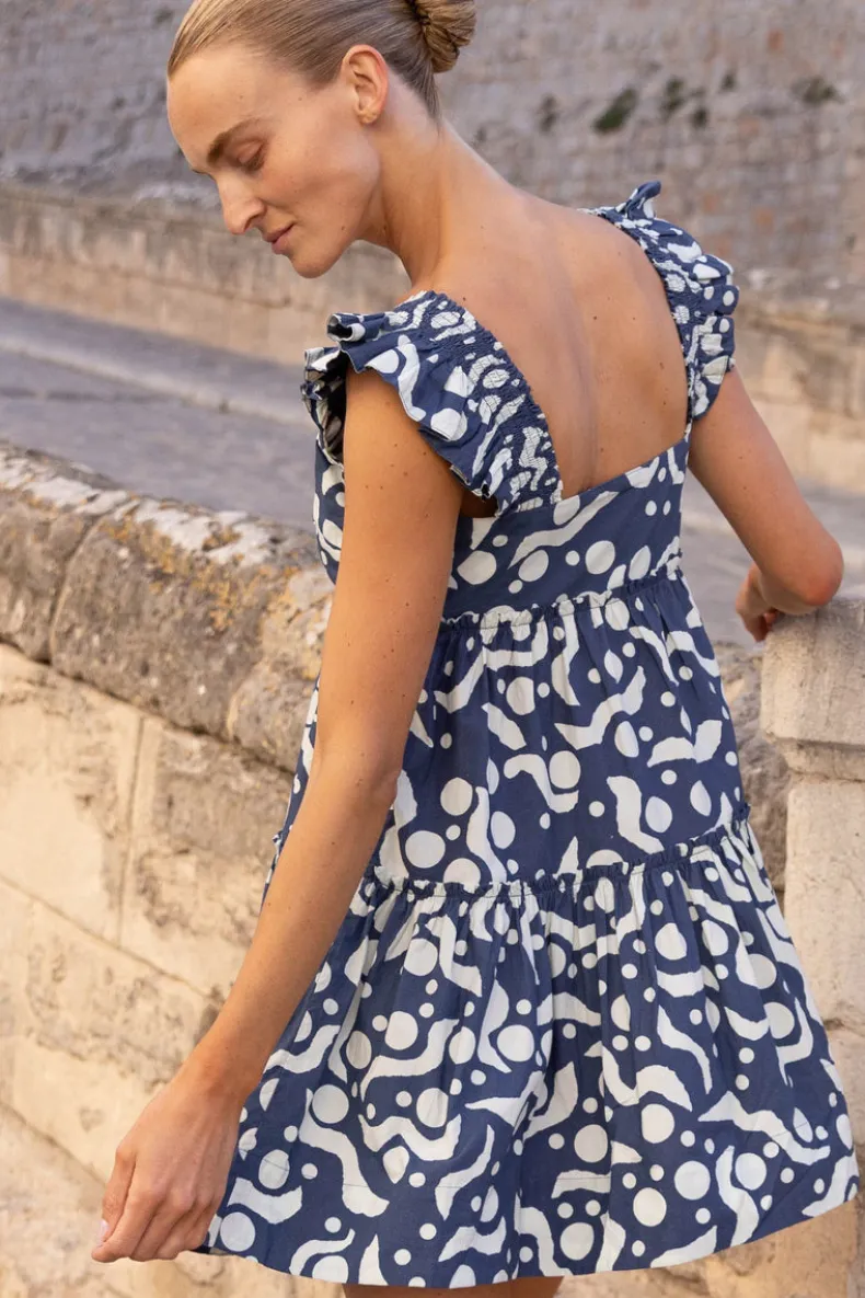 Smocked Square Neck Mini- Acadia Navy