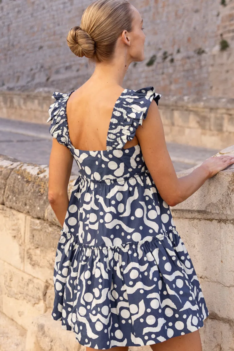 Smocked Square Neck Mini- Acadia Navy