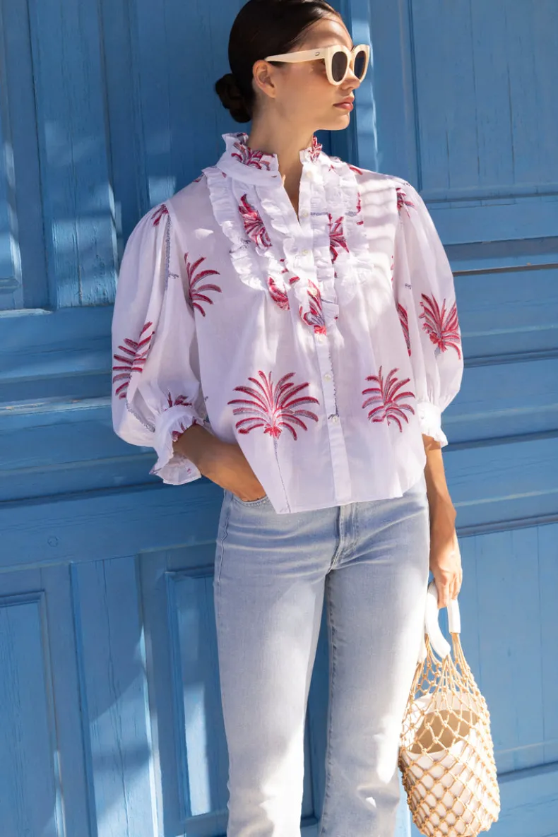 Ruffle Front Button Blouse- Canary Coral